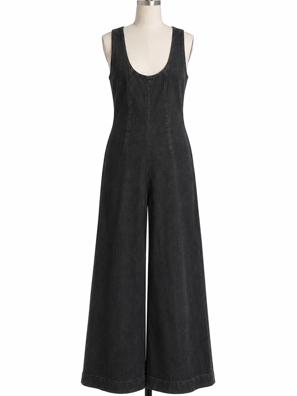 Vintage Sleeveless Black Denim Wide Leg U Neck Jumpsuit